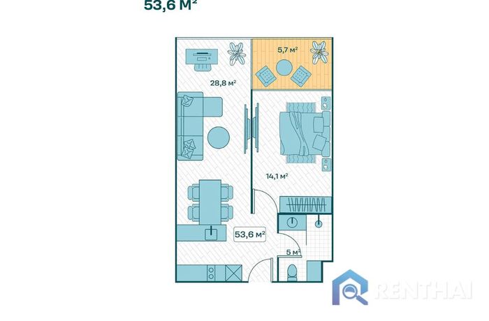 แปลนห้อง - 1 Bedroom 54sqm