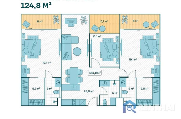 แปลนห้อง - 3 Bedrooms 124sqm